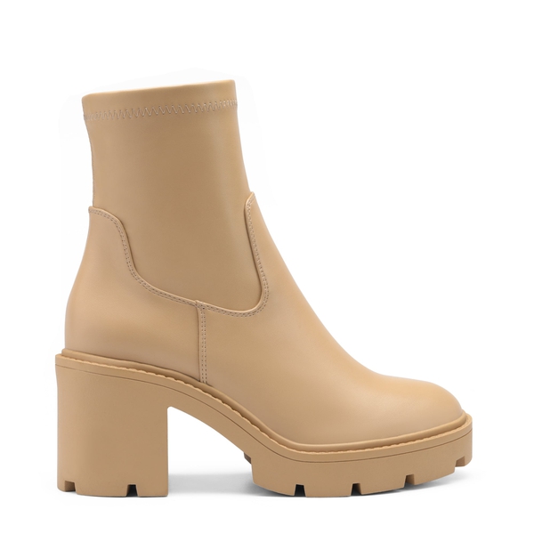 Elastic Chunky Heel Lug Sole Booties - NUDE PU - 2